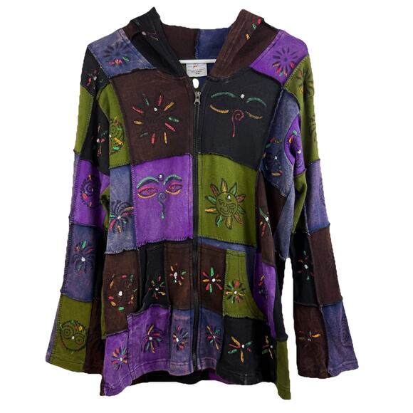 Greater Good Network Patchwork Full Zip Hoodie S/M 100% Cotton Bohemian Hippie - Picture 1 of 15